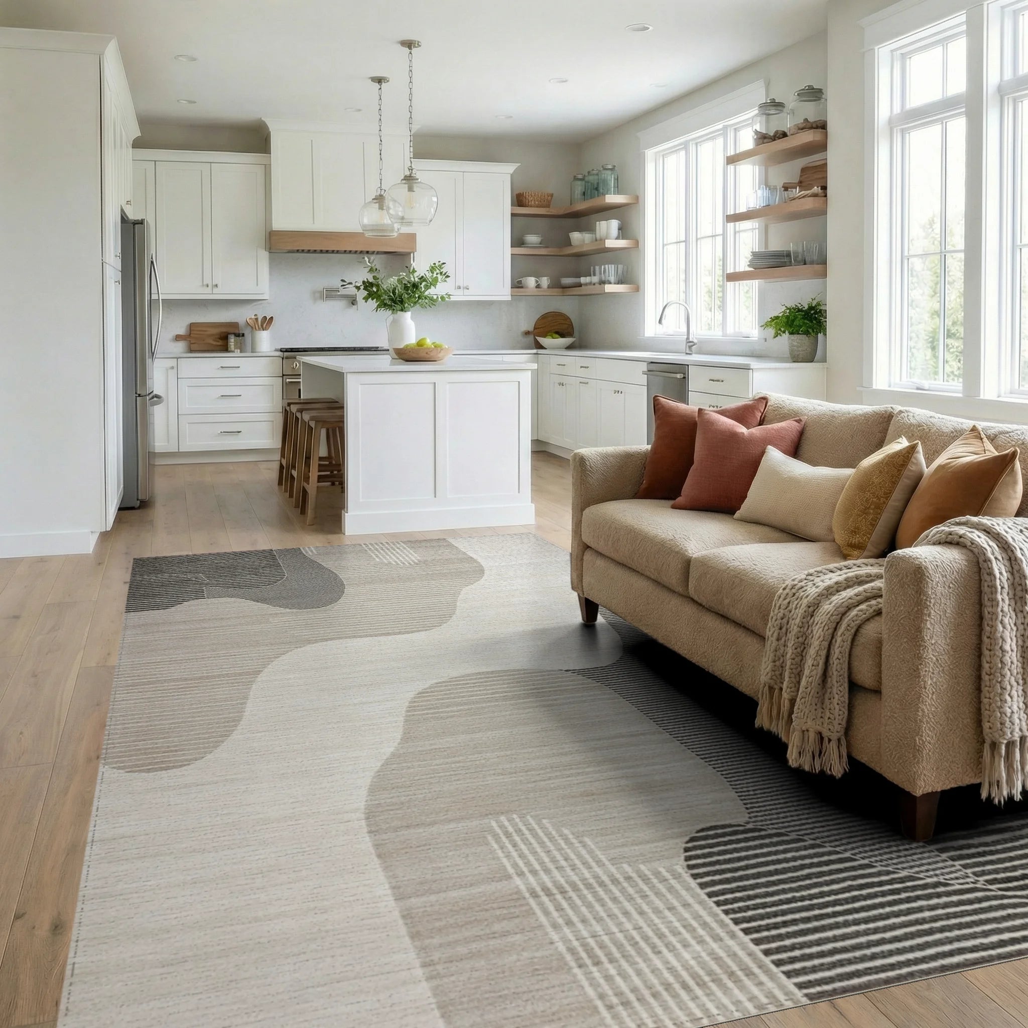 Abstract Beige Layered Symmetrical Shapes Rug - Living Room View