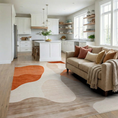 Abstract Beige Orange Shapes Rug - Living Room View