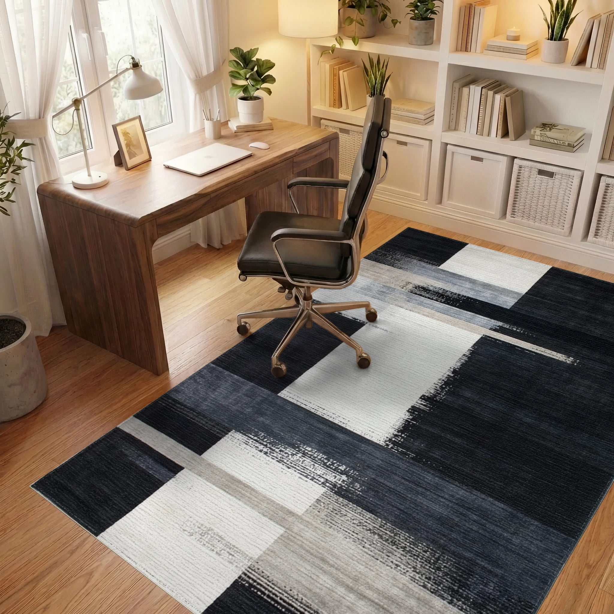 Abstract Black White Geometric Blocks Rug - Office View