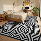 Abstract Black White Maze Lines Rug - Bedroom View