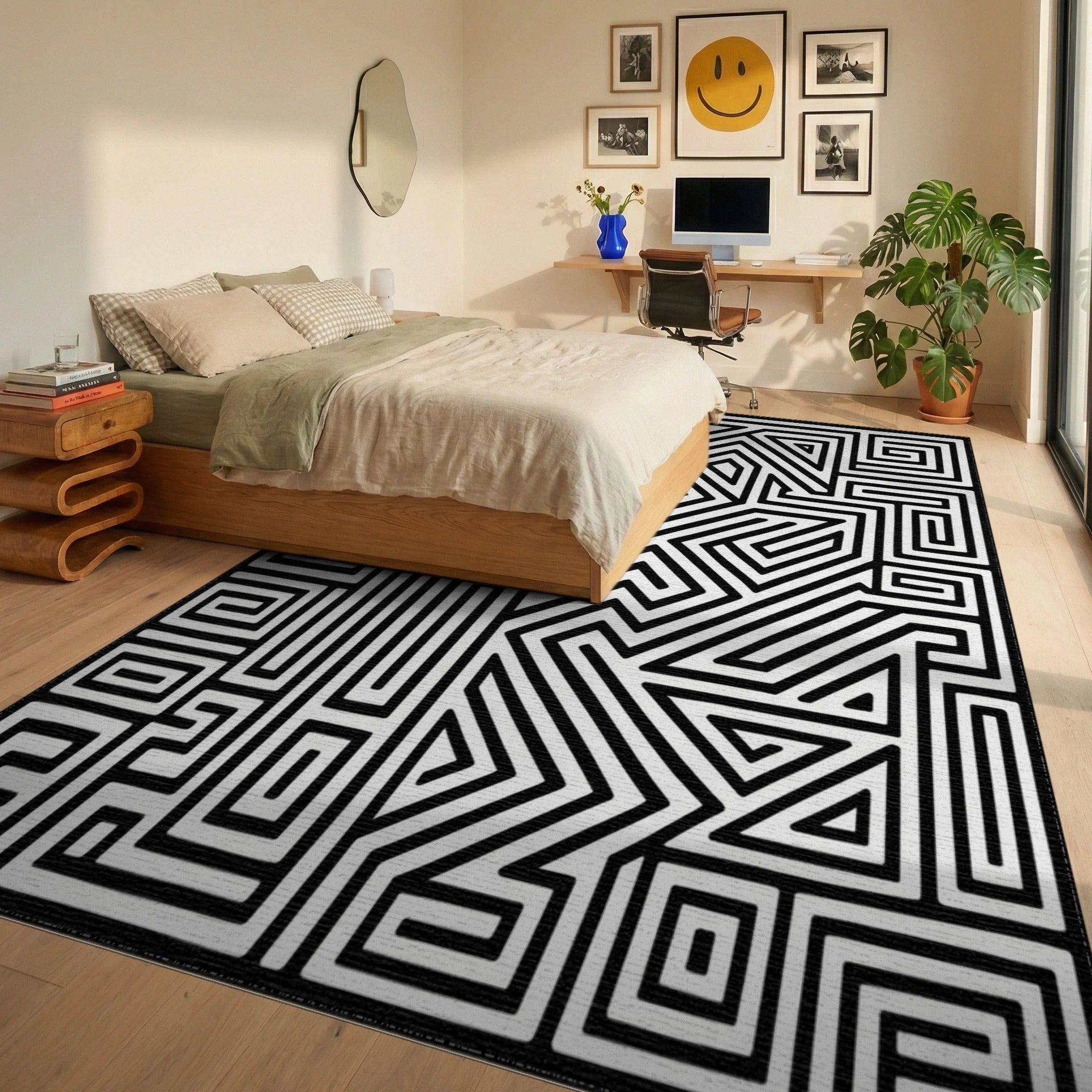 Abstract Black White Maze Lines Rug - Bedroom View