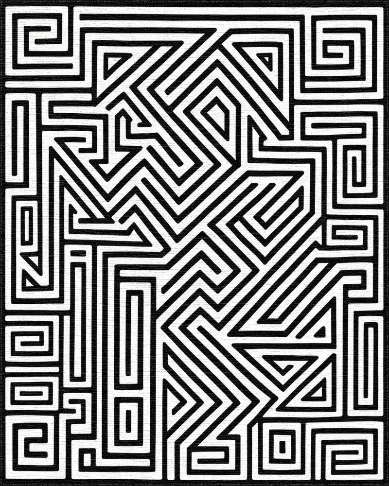 Abstract Black White Maze Lines Rug - Cutout View