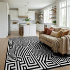Abstract Black White Maze Lines Rug - Living Room View