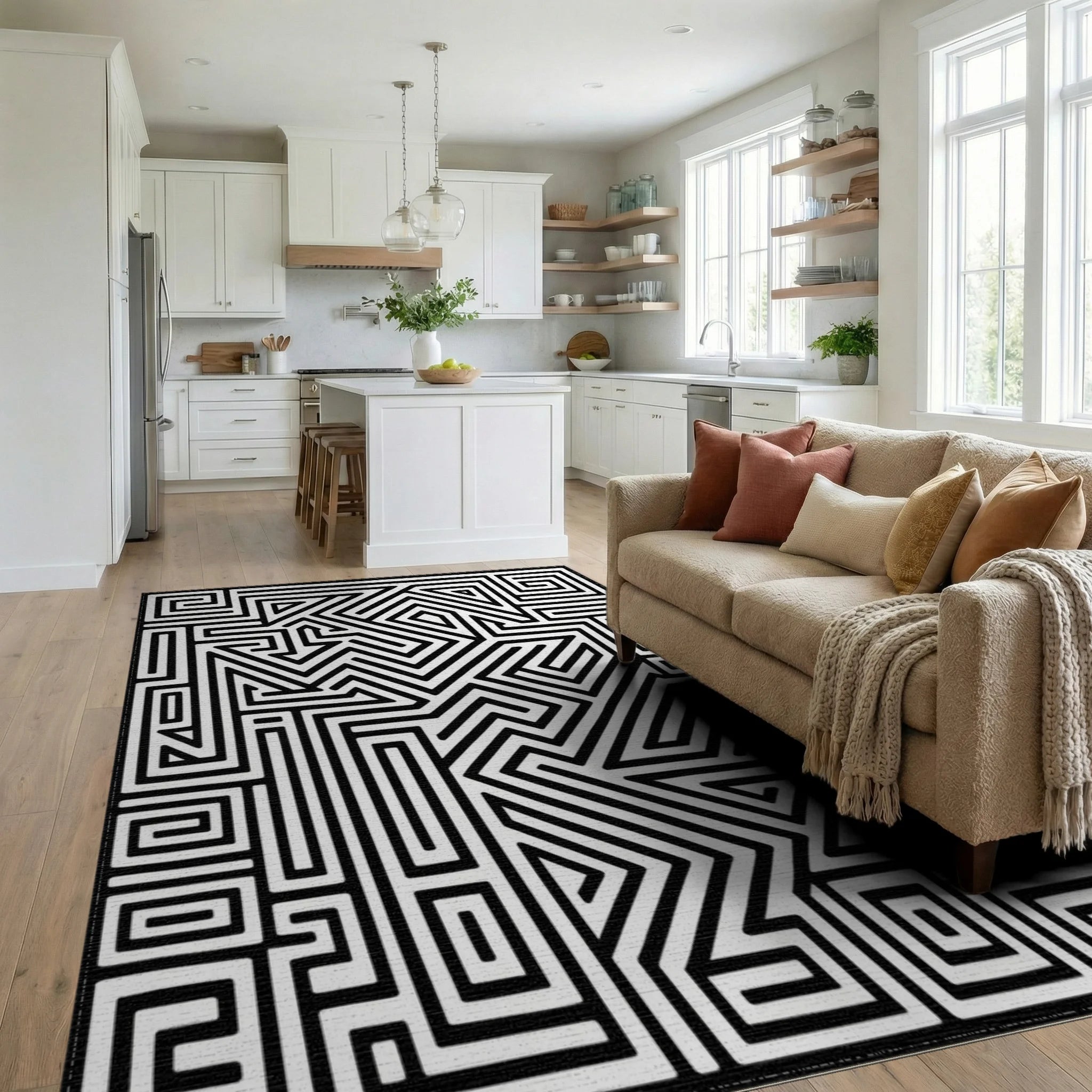 Abstract Black White Maze Lines Rug - Living Room View