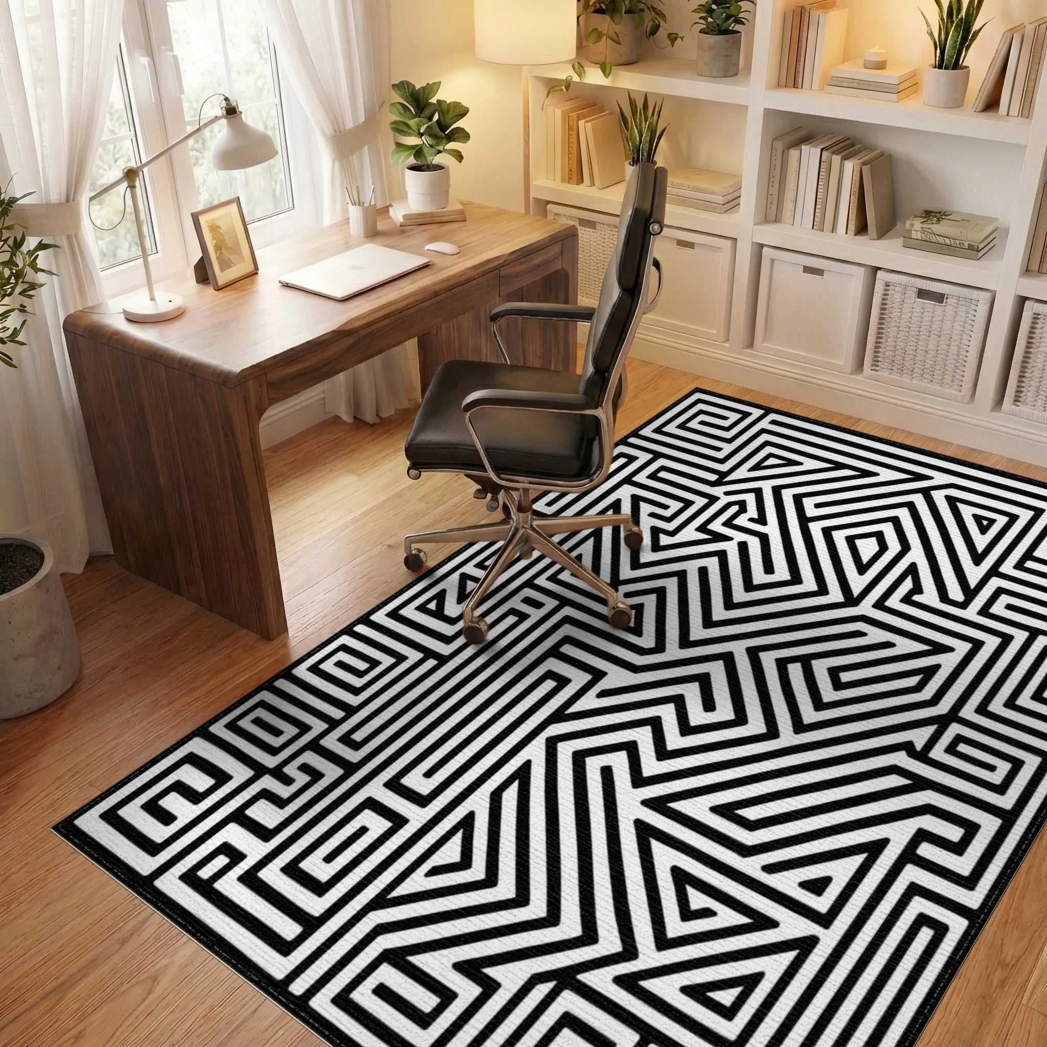 Abstract Black White Maze Lines Rug - Office View