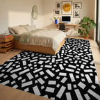 Abstract Black White Rectangular Pattern Rug Bedroom View