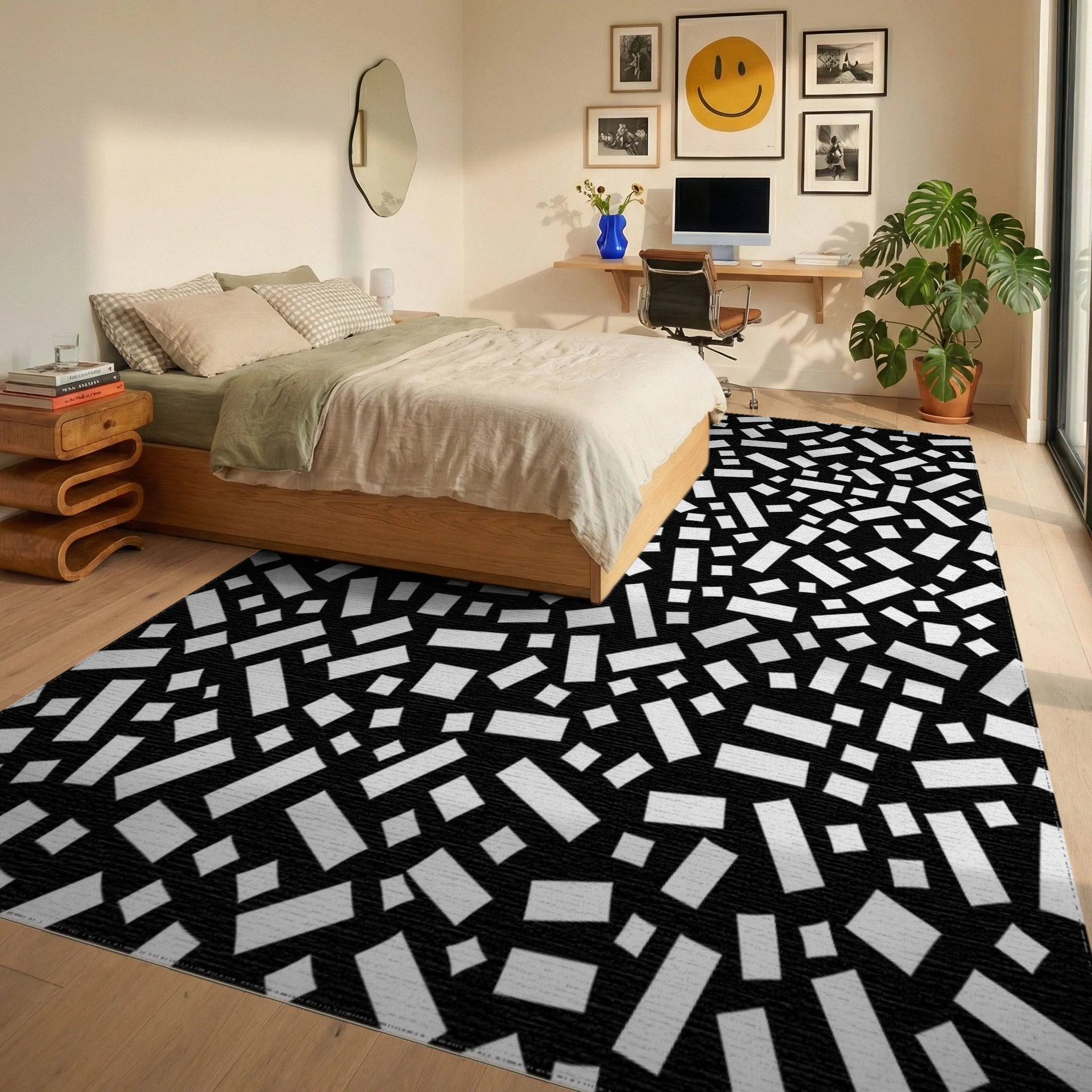 Abstract Black White Rectangular Pattern Rug Bedroom View
