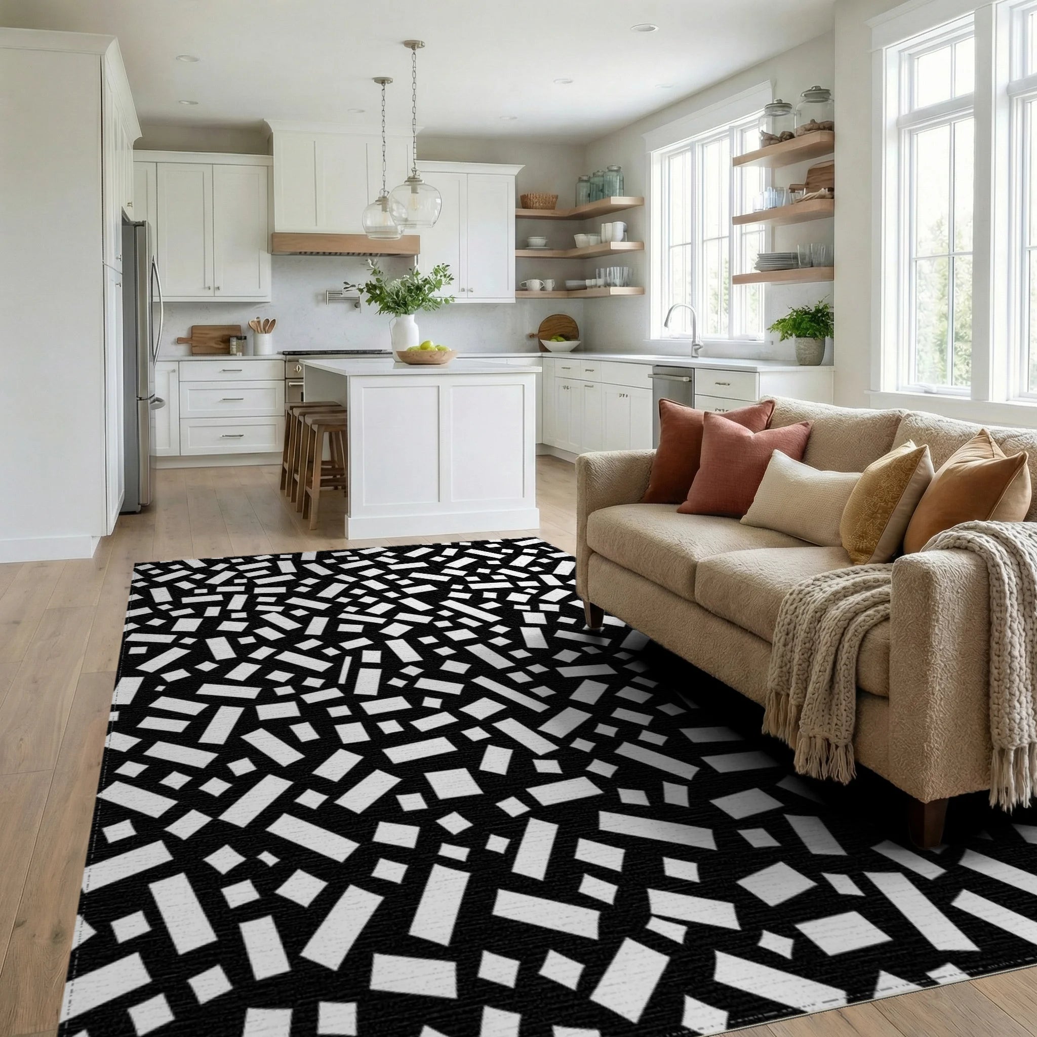 Abstract Black White Rectangular Pattern Rug Living Room View