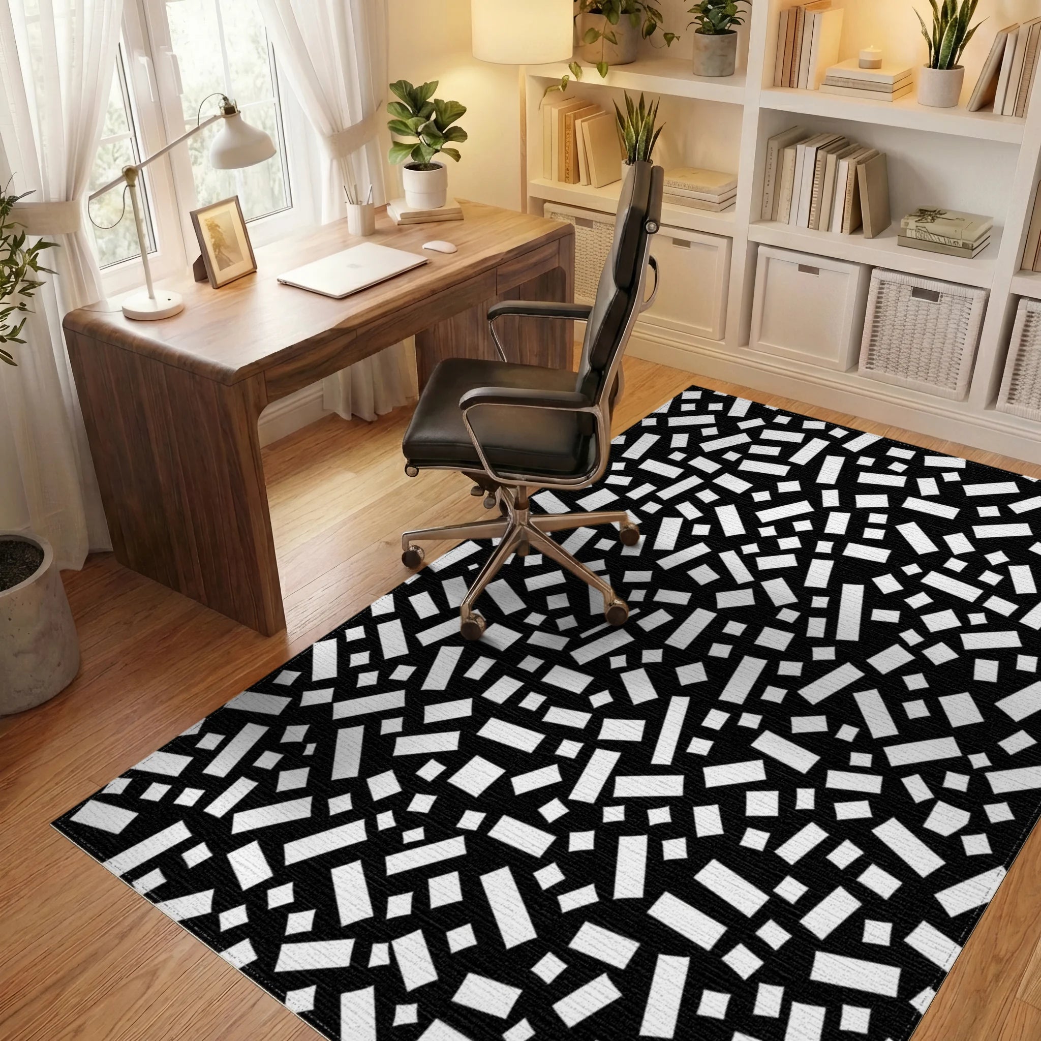 Abstract Black White Rectangular Pattern Rug Office View