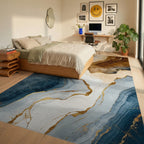 Abstract Blue Brown Gold Marble Pattern Rug - Bedroom View