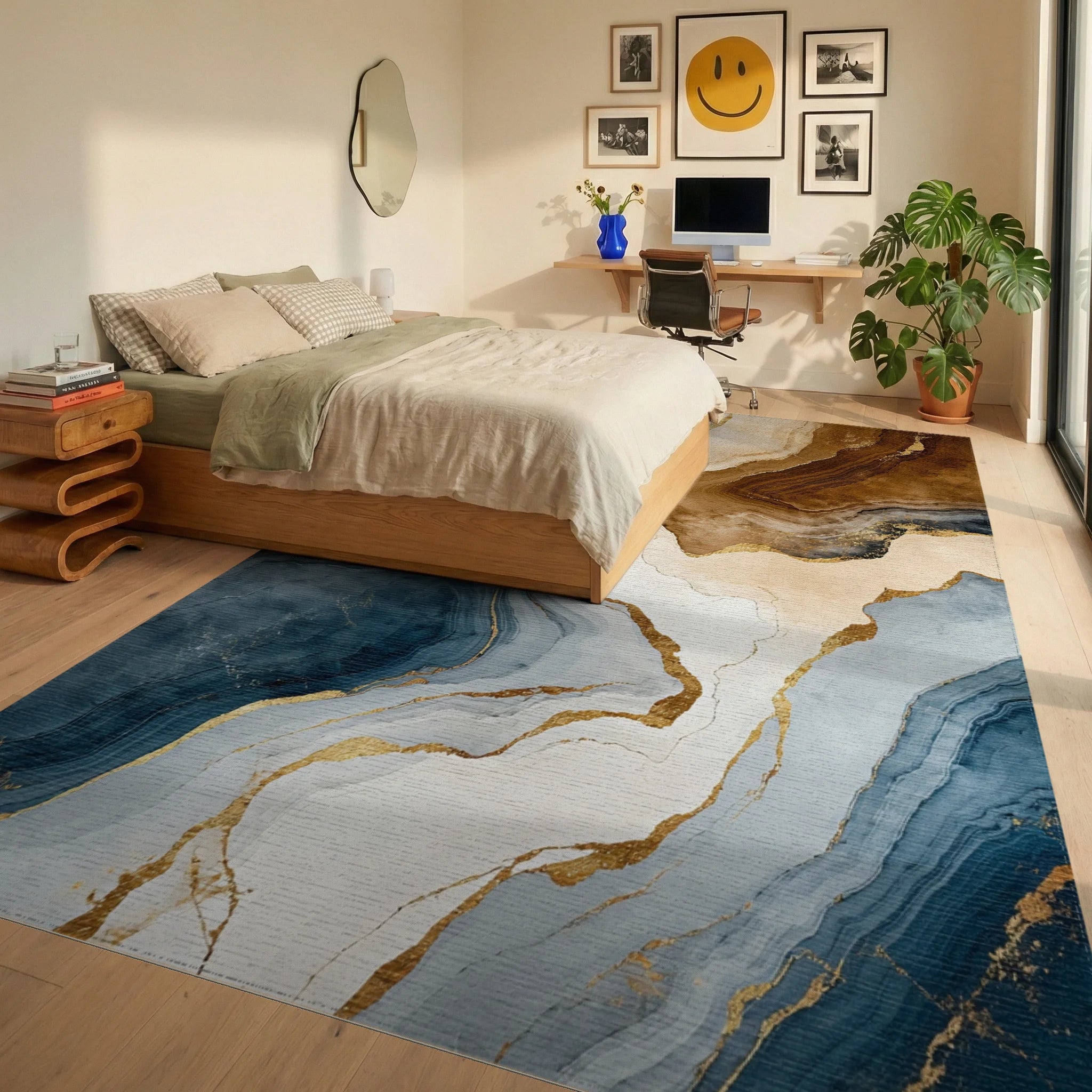 Abstract Blue Brown Gold Marble Pattern Rug - Bedroom View