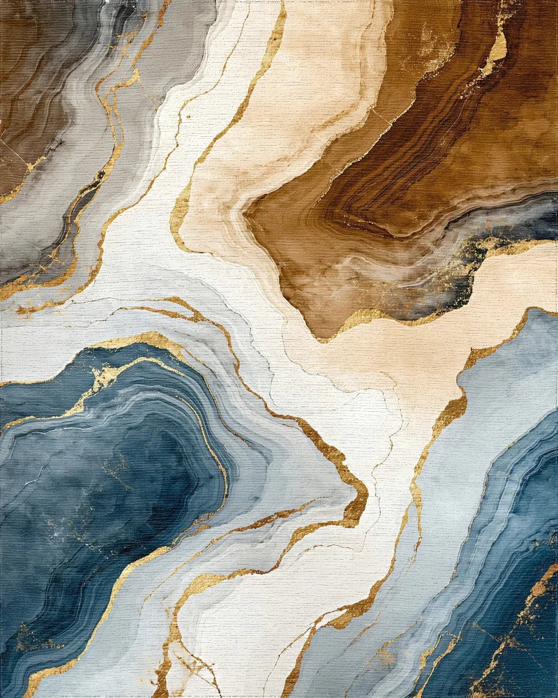 Abstract Blue Brown Gold Marble Pattern Rug - Cutout View