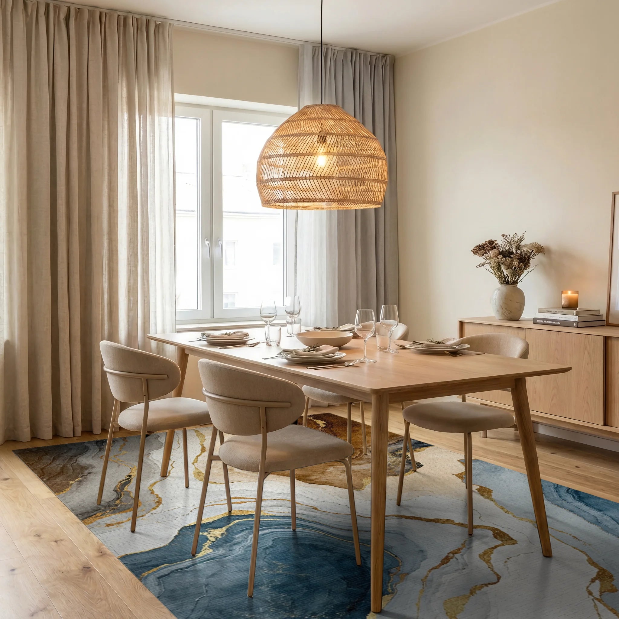 Abstract Blue Brown Gold Marble Pattern Rug - Dining Room View