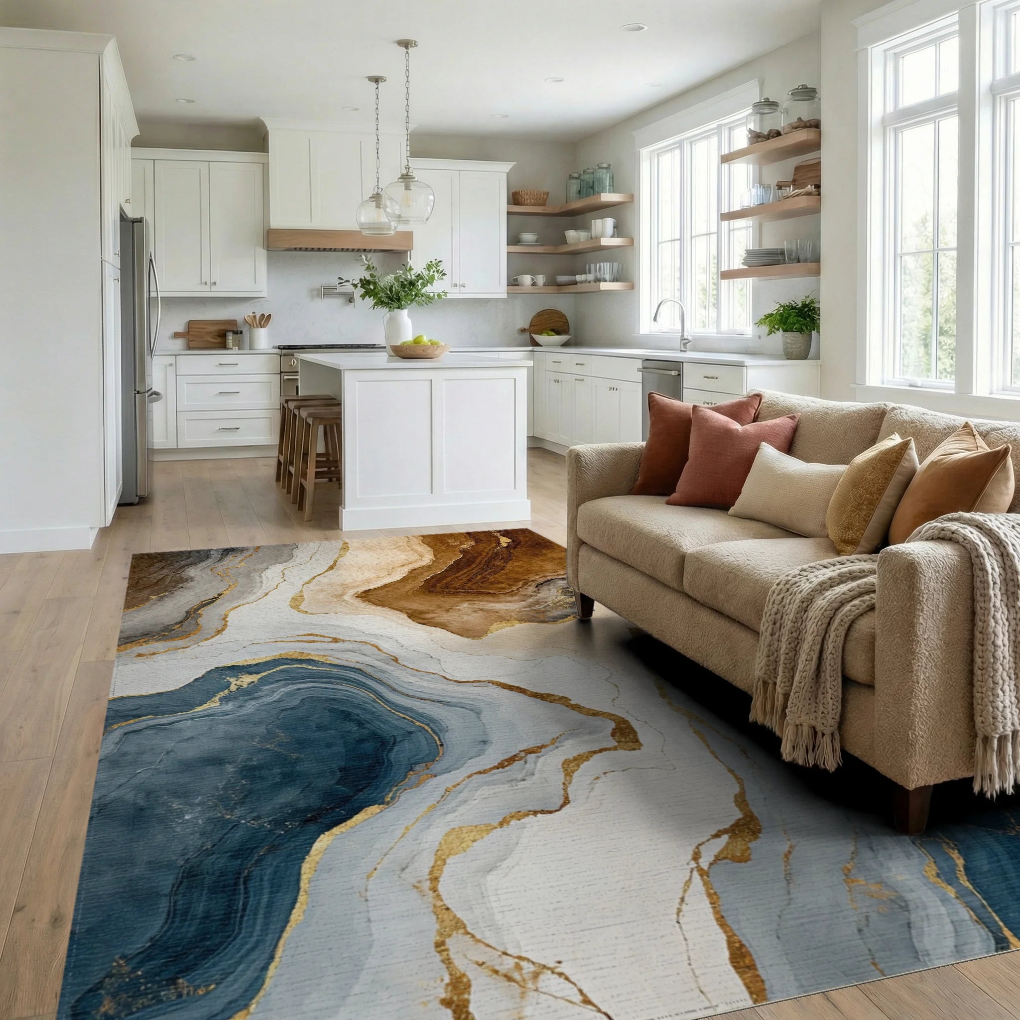 Abstract Blue Brown Gold Marble Pattern Rug - Living Room View