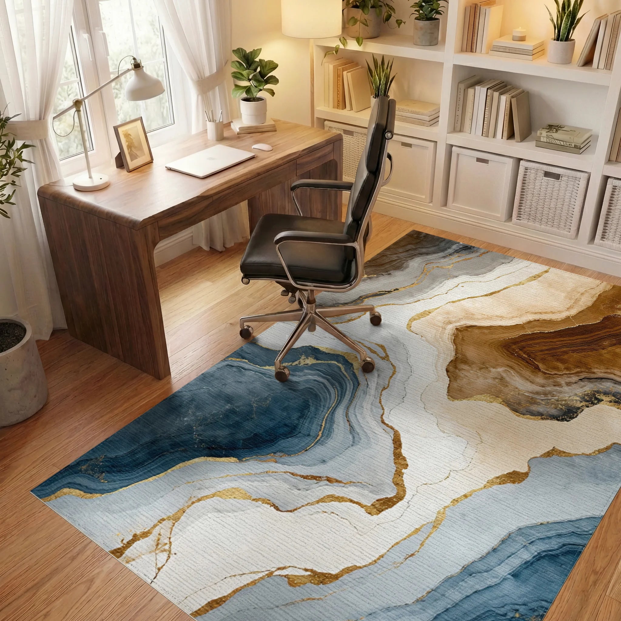 Abstract Blue Brown Gold Marble Pattern Rug - Office View