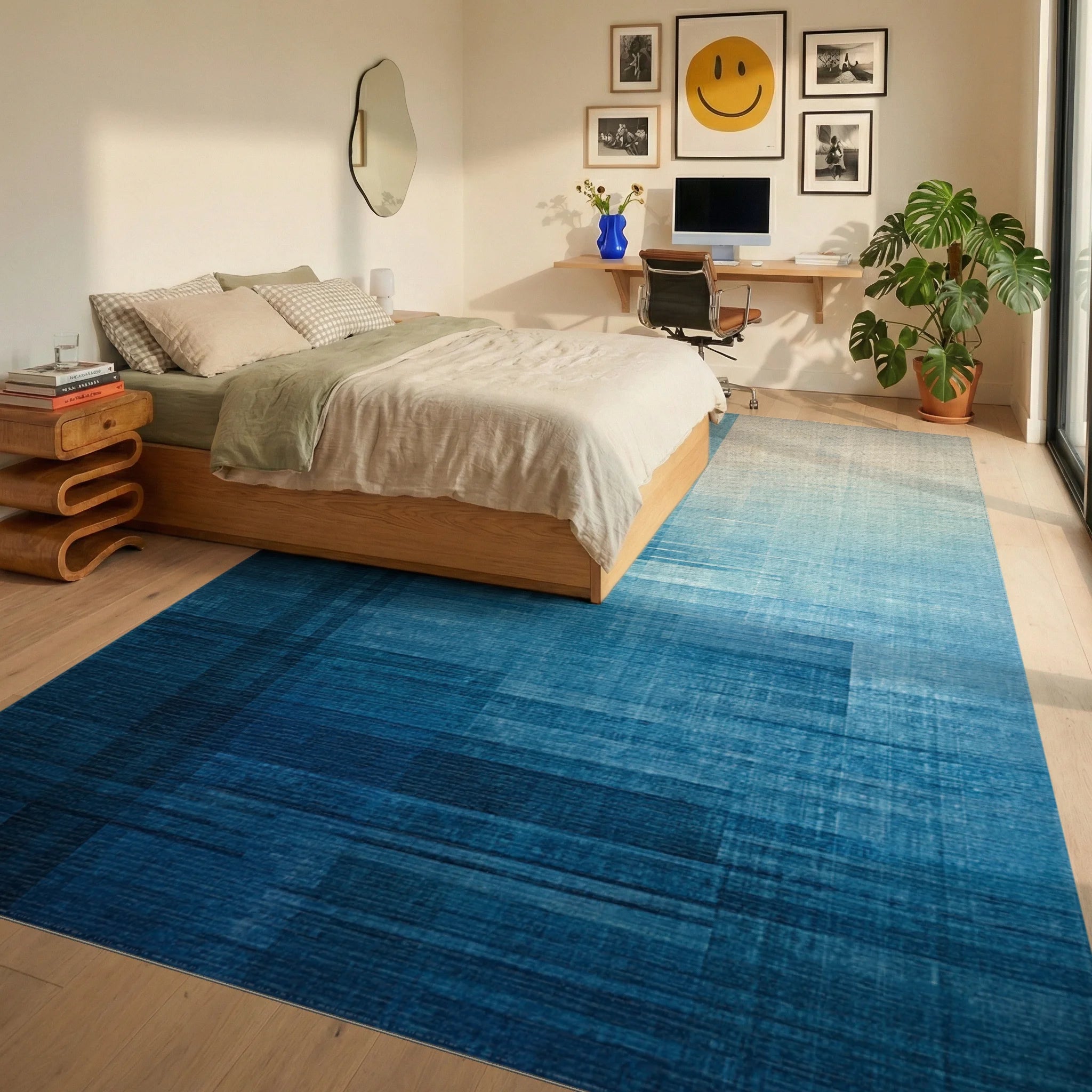 Abstract Blue Geometric Gradient Rug Bedroom View