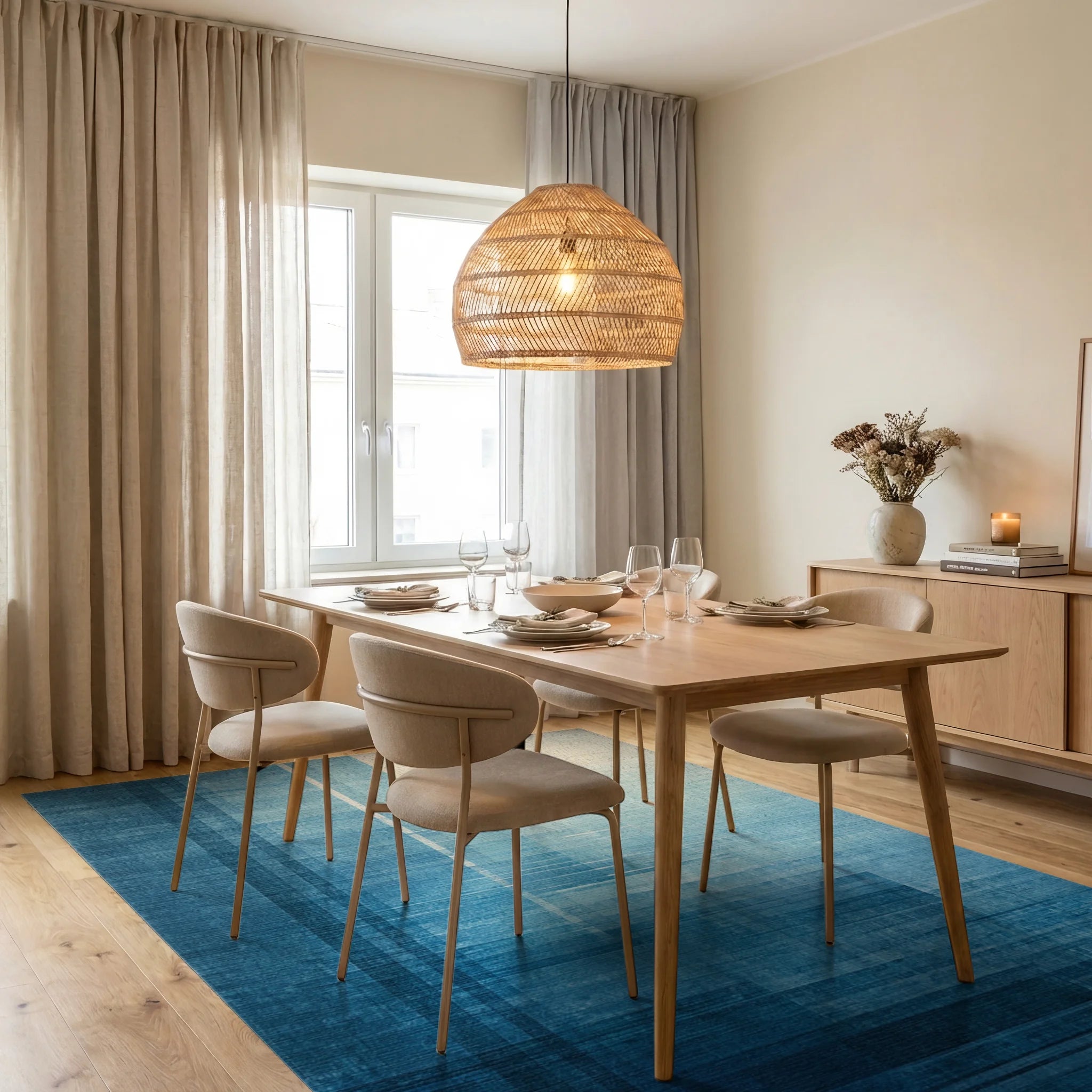 Abstract Blue Geometric Gradient Rug Dining Room View