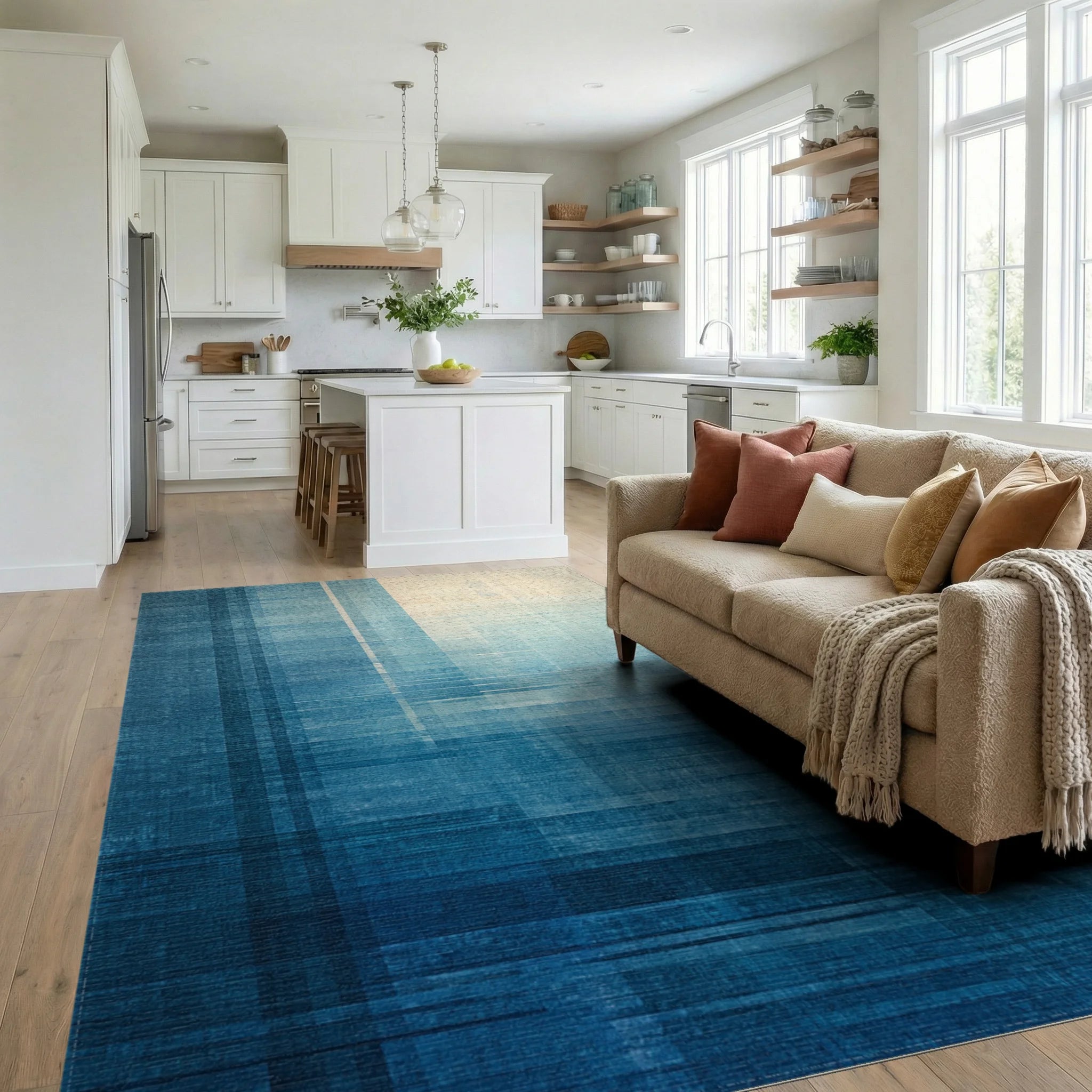 Abstract Blue Geometric Gradient Rug Living Room View