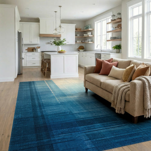 Abstract Blue Geometric Gradient Rug Living Room View