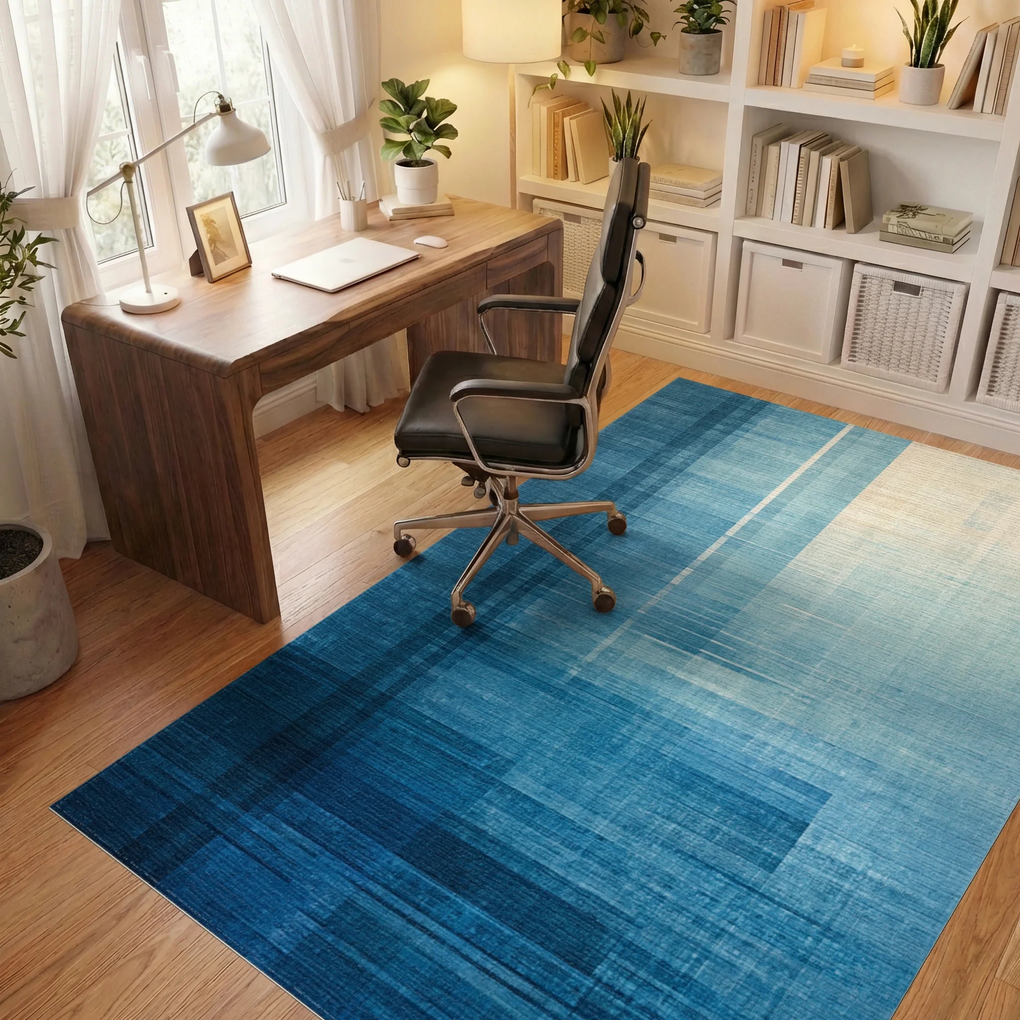 Abstract Blue Geometric Gradient Rug Office View