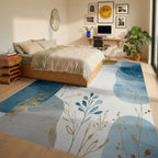 Abstract Blue Gold Leaf Watercolor Rug Bedroom View