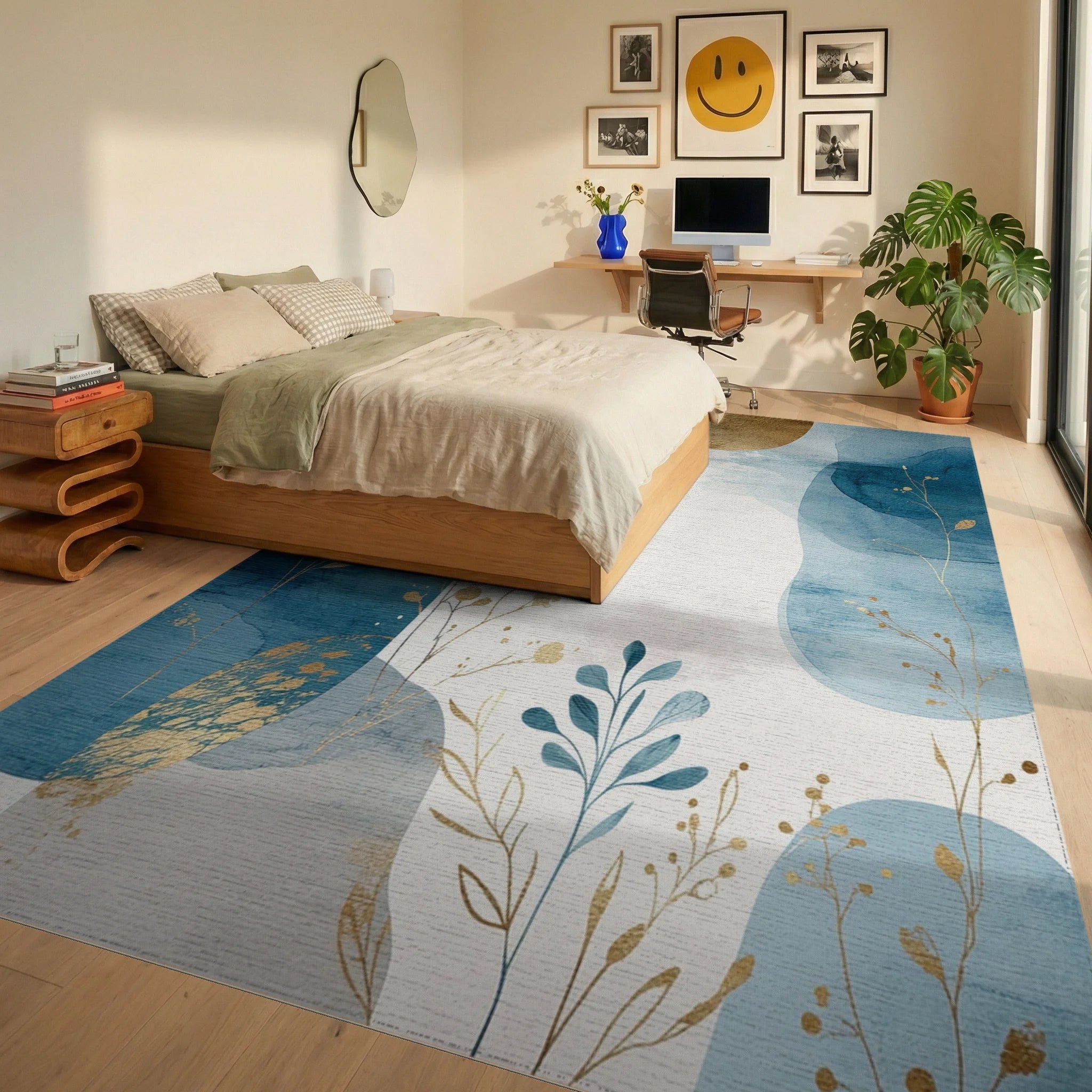 Abstract Blue Gold Leaf Watercolor Rug Bedroom View