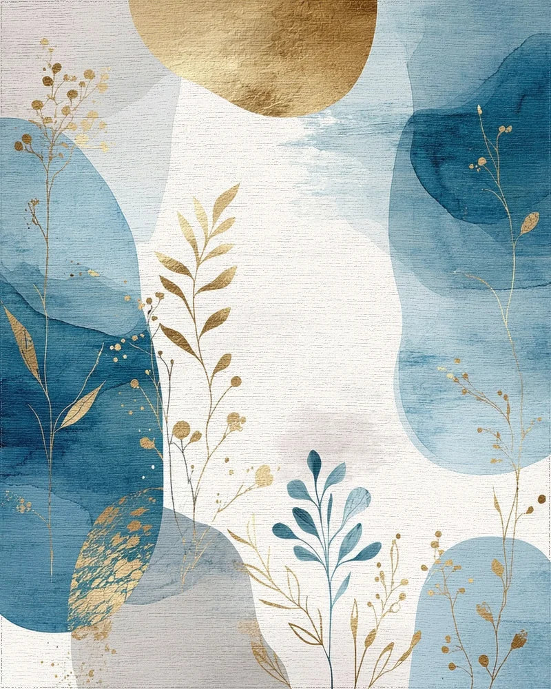 Abstract Blue Gold Leaf Watercolor Rug - Cutout View