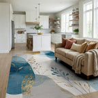 Abstract Blue Gold Leaf Watercolor Rug Living Room View