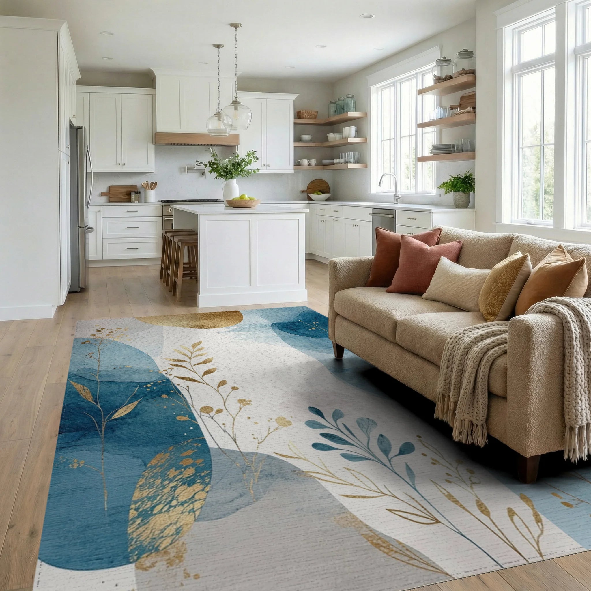 Abstract Blue Gold Leaf Watercolor Rug Living Room View