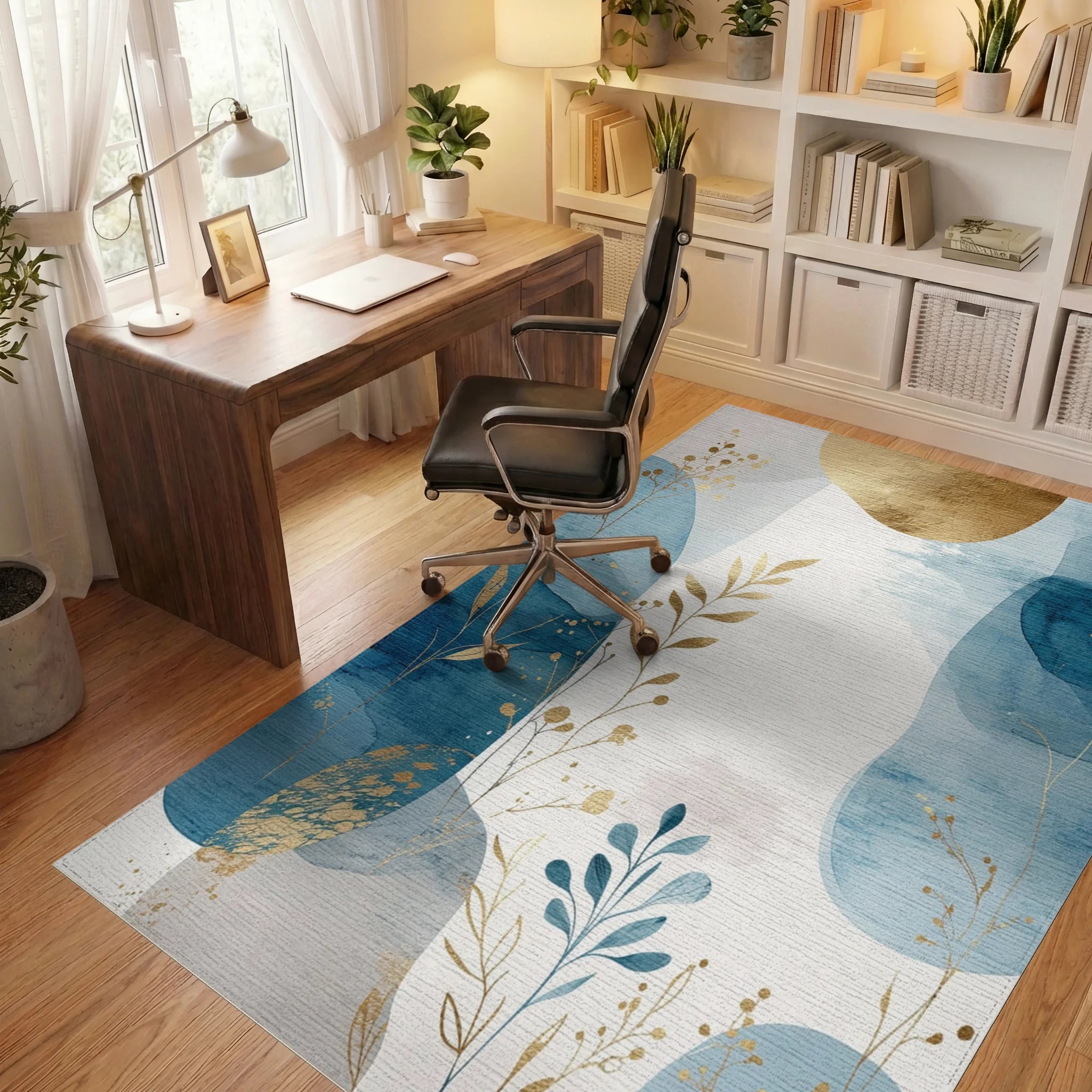 Abstract Blue Gold Leaf Watercolor Rug Office View