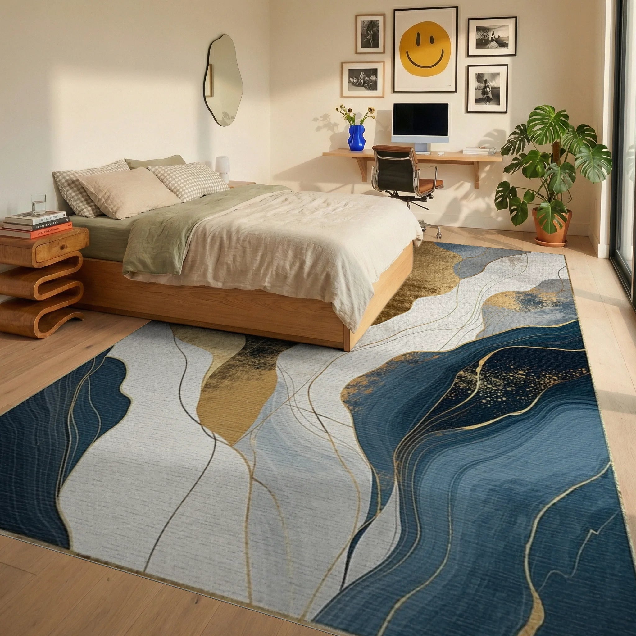 Abstract Blue Gold Wavy Landscape Print Rug Bedroom View