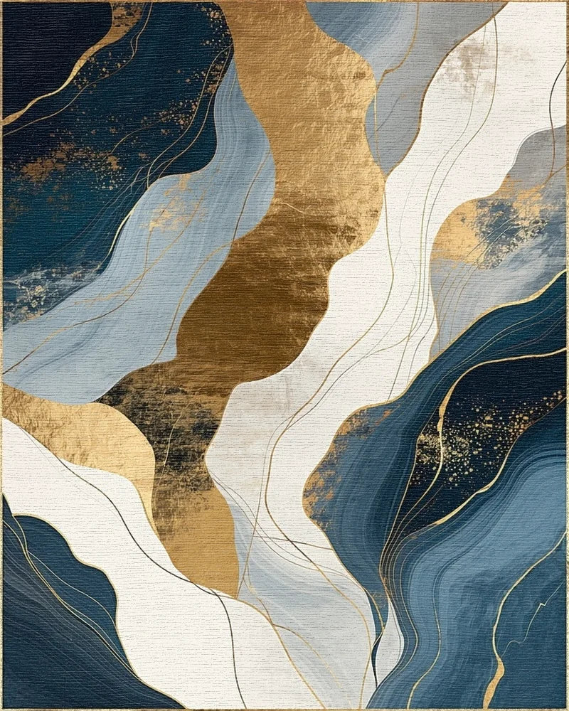 Abstract Blue Gold Wavy Landscape Print Rug - Cutout View
