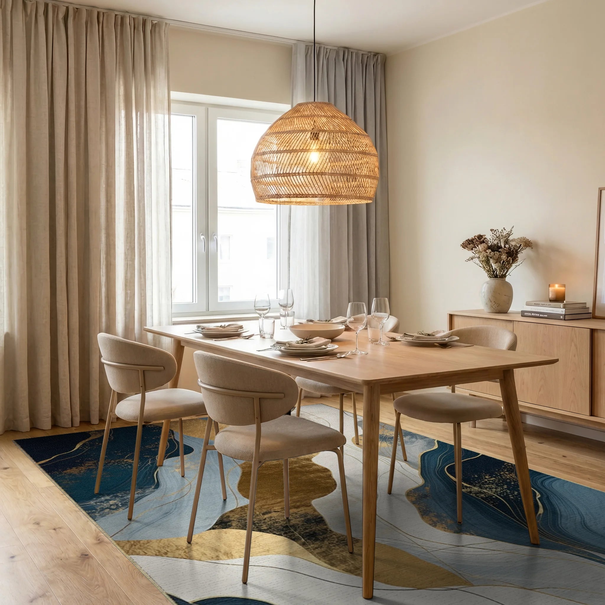 Abstract Blue Gold Wavy Landscape Print Rug Dining Room View