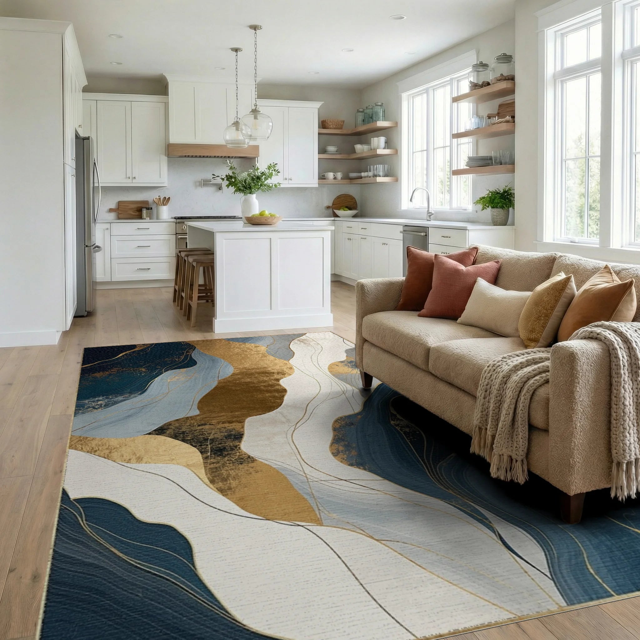 Abstract Blue Gold Wavy Landscape Print Rug Living Room View