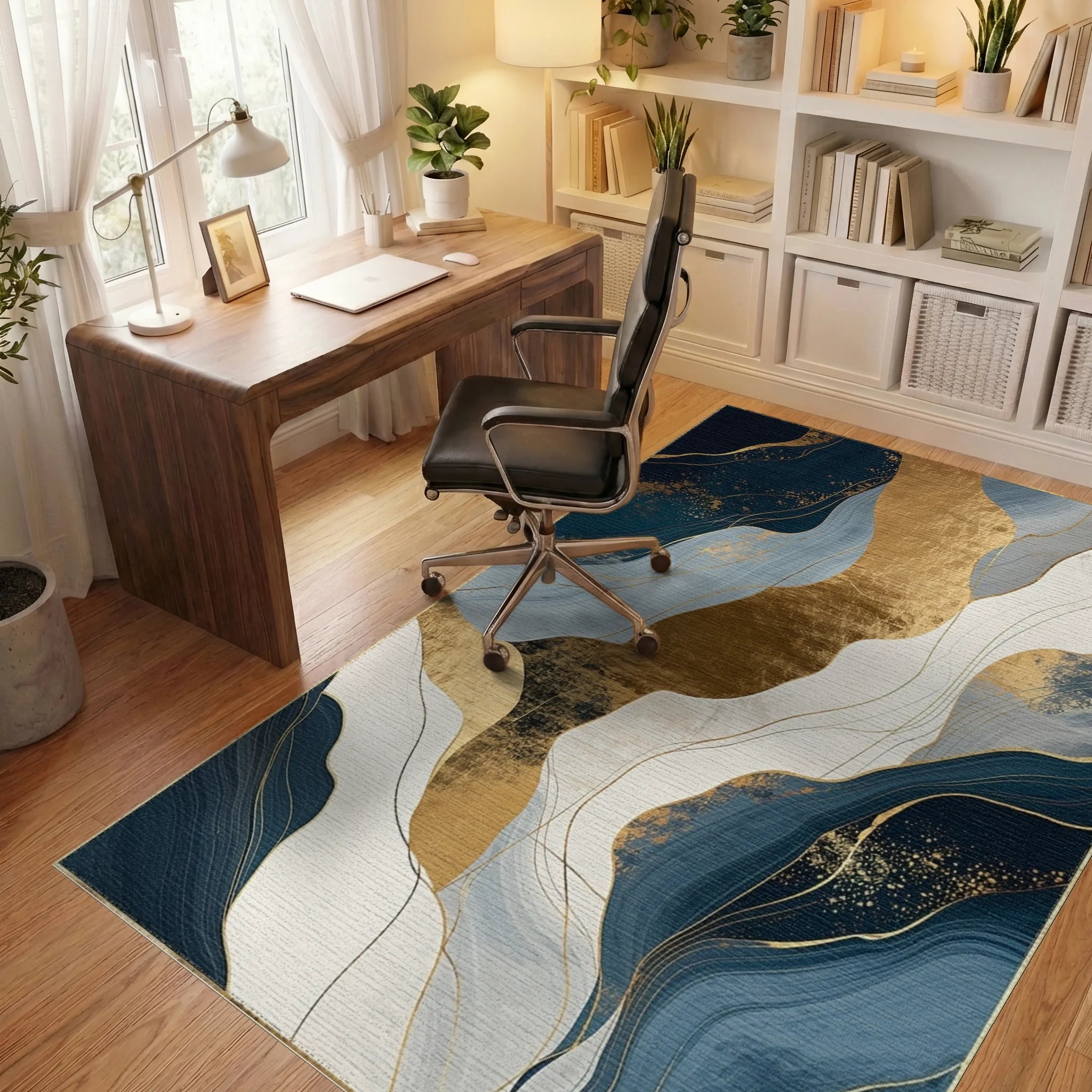 Abstract Blue Gold Wavy Landscape Print Rug Office View
