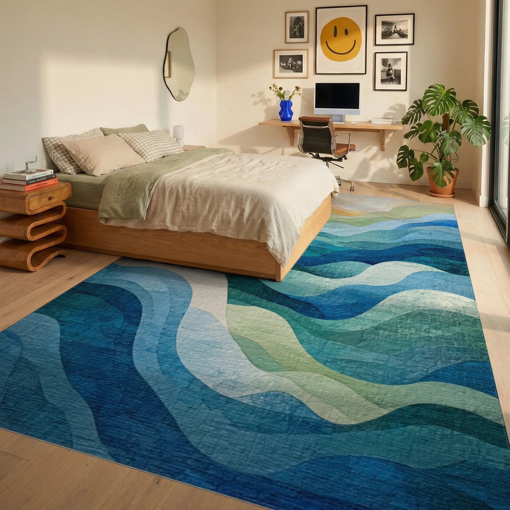 Abstract Blue Green Wavy Landscape Rug - Bedroom View