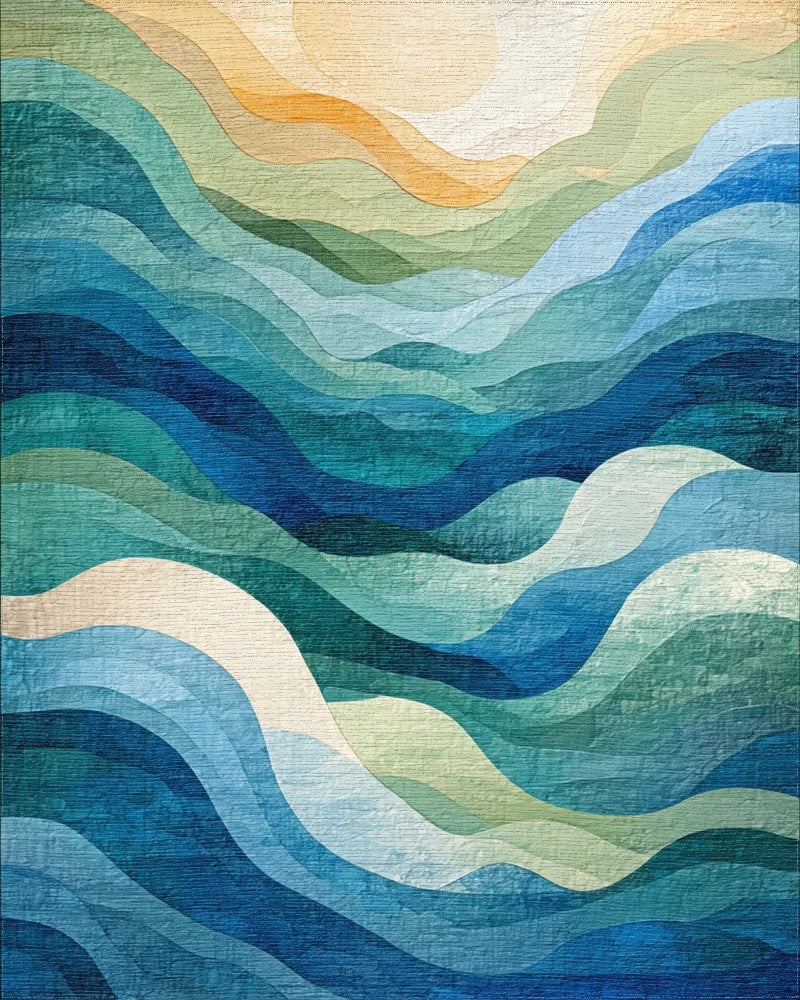 Abstract Blue Green Wavy Landscape Rug - Cutout View