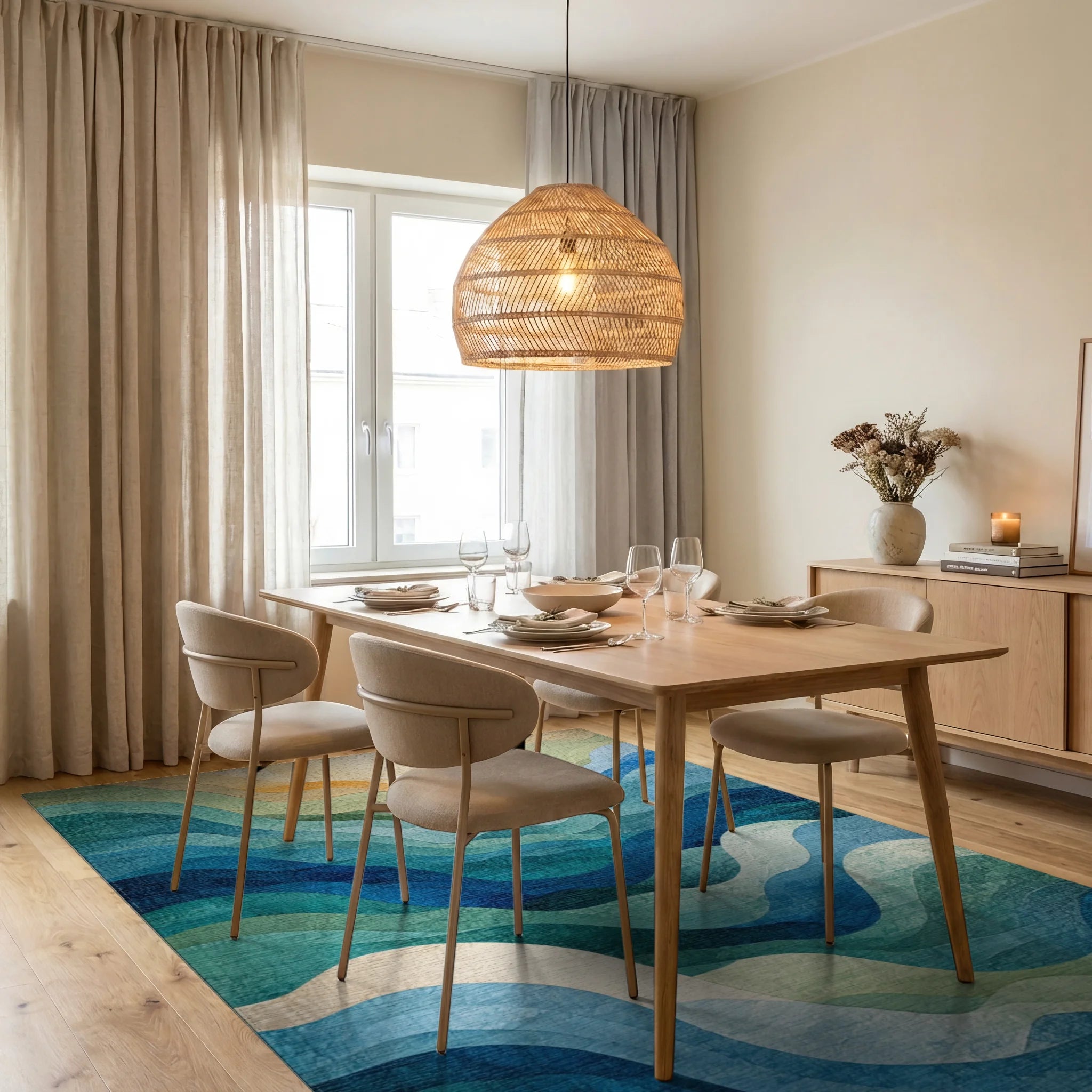 Abstract Blue Green Wavy Landscape Rug - Dining Room View