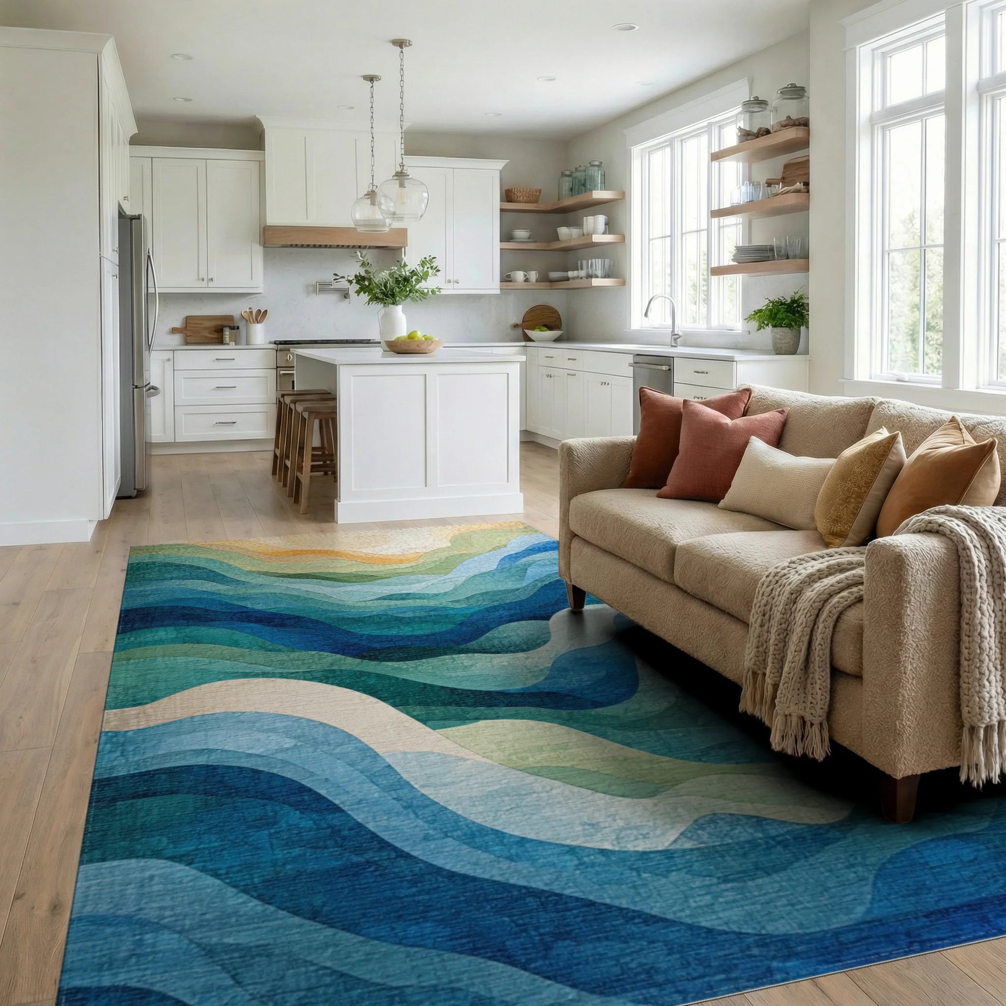 Abstract Blue Green Wavy Landscape Rug - Living Room View
