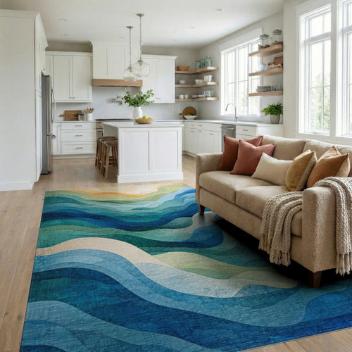 Abstract Blue Green Wavy Landscape Rug - Living Room View