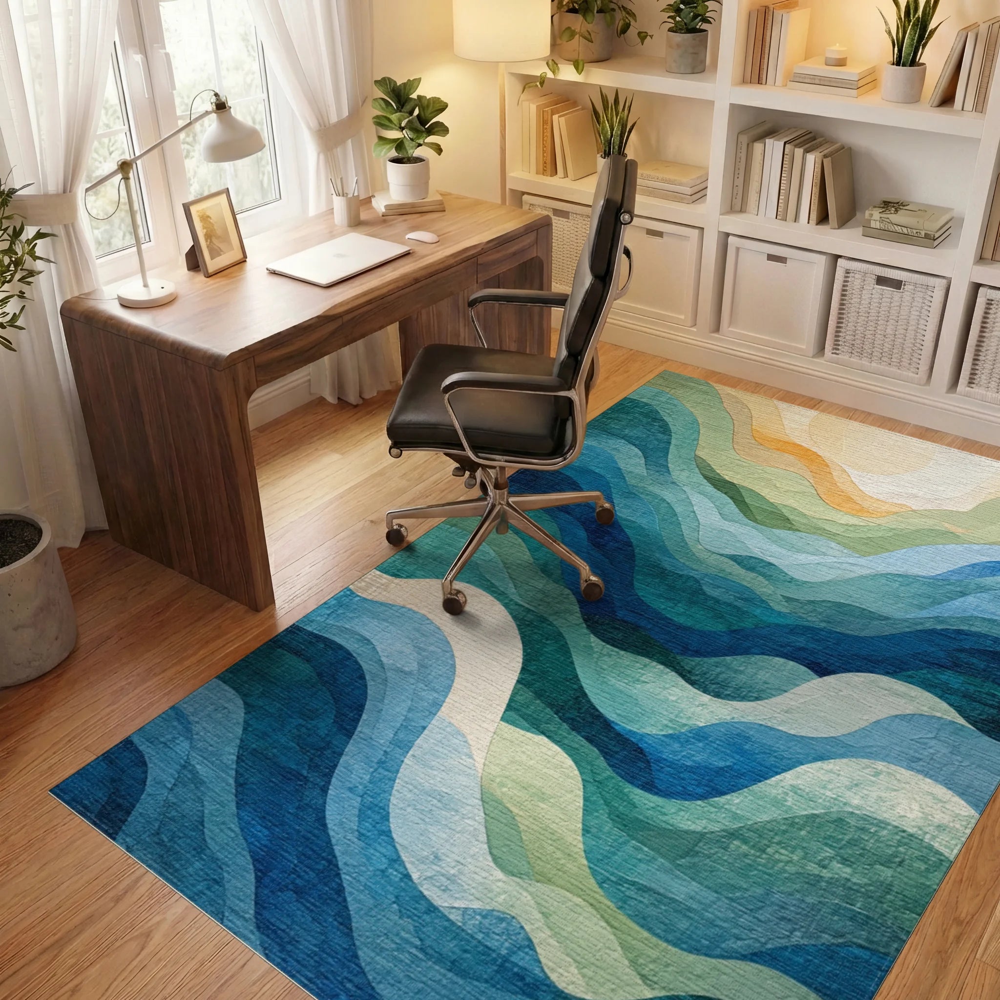 Abstract Blue Green Wavy Landscape Rug - Office View