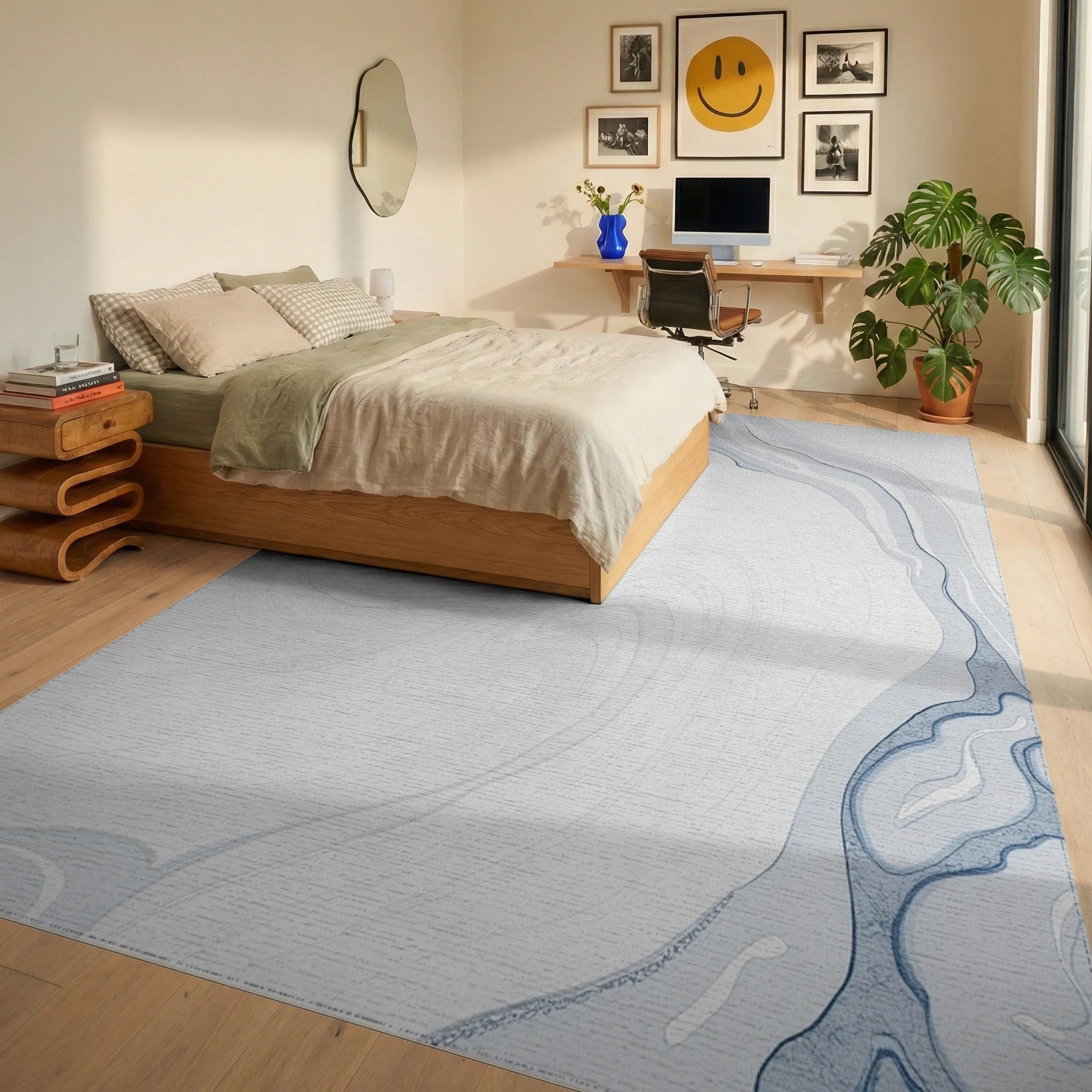 Abstract Blue Marble Swirl Design Rug Bedroom View