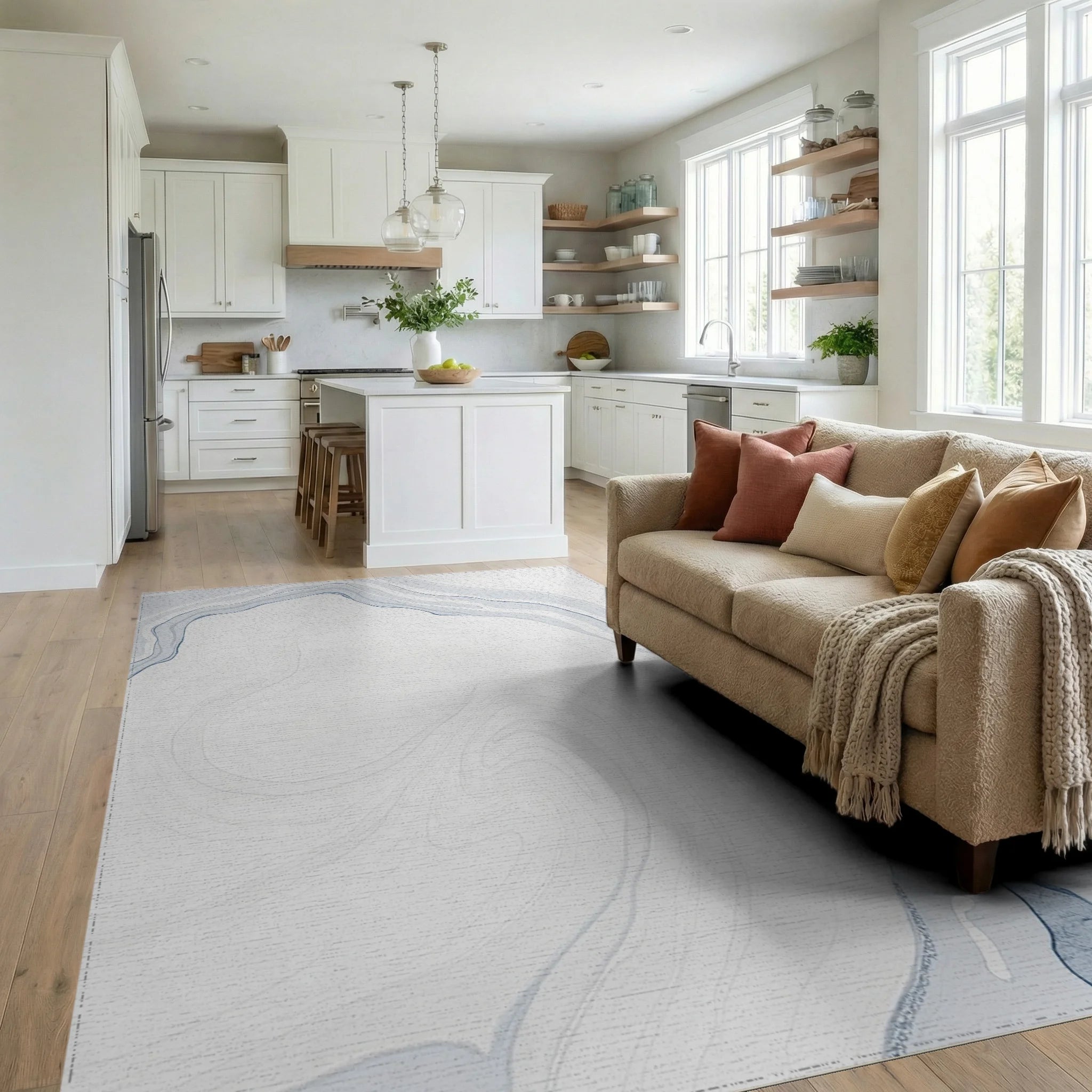 Abstract Blue Marble Swirl Design Rug Living Room View