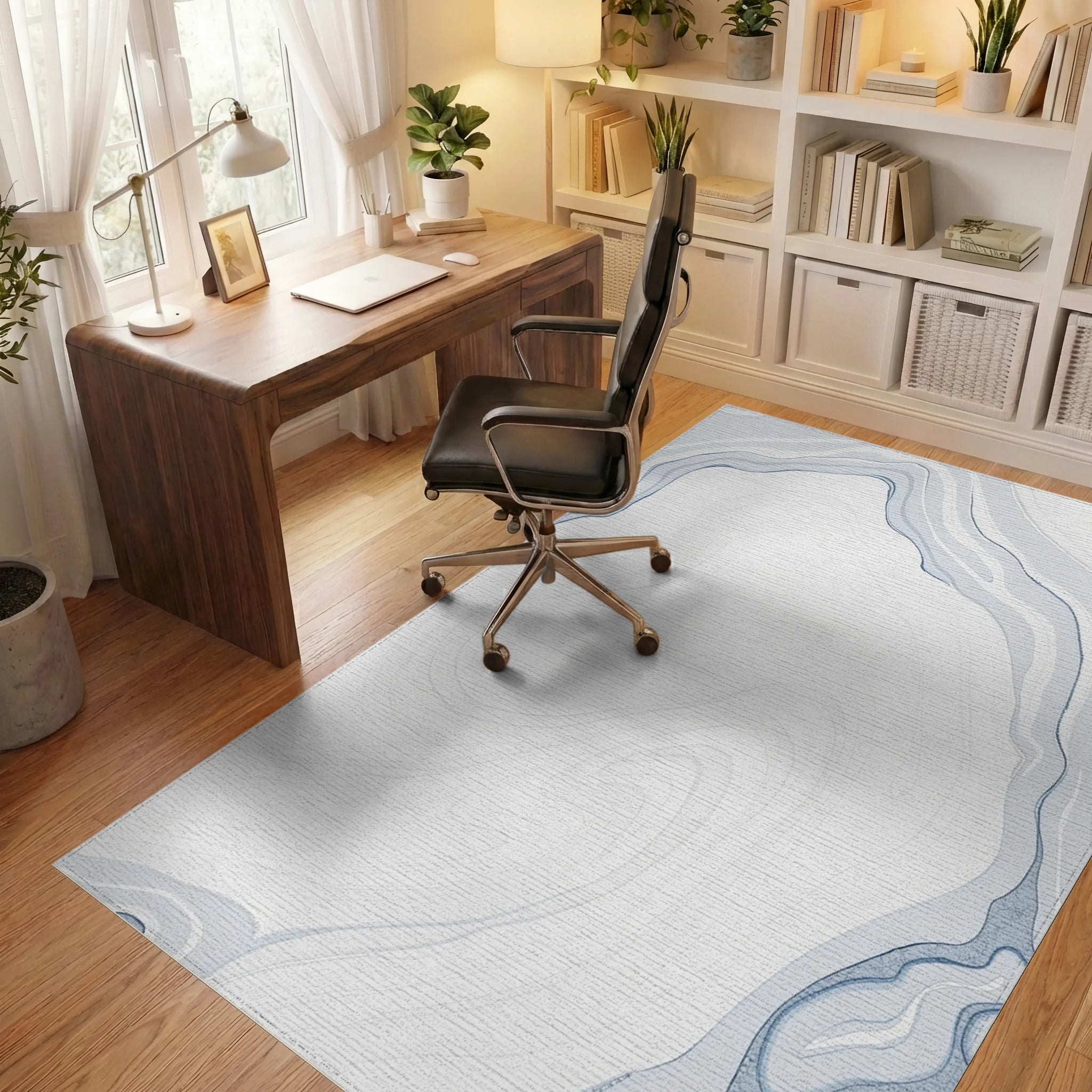 Abstract Blue Marble Swirl Design Rug Office View