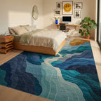 Abstract Blue Mountain River Landscape Rug - Bedroom View