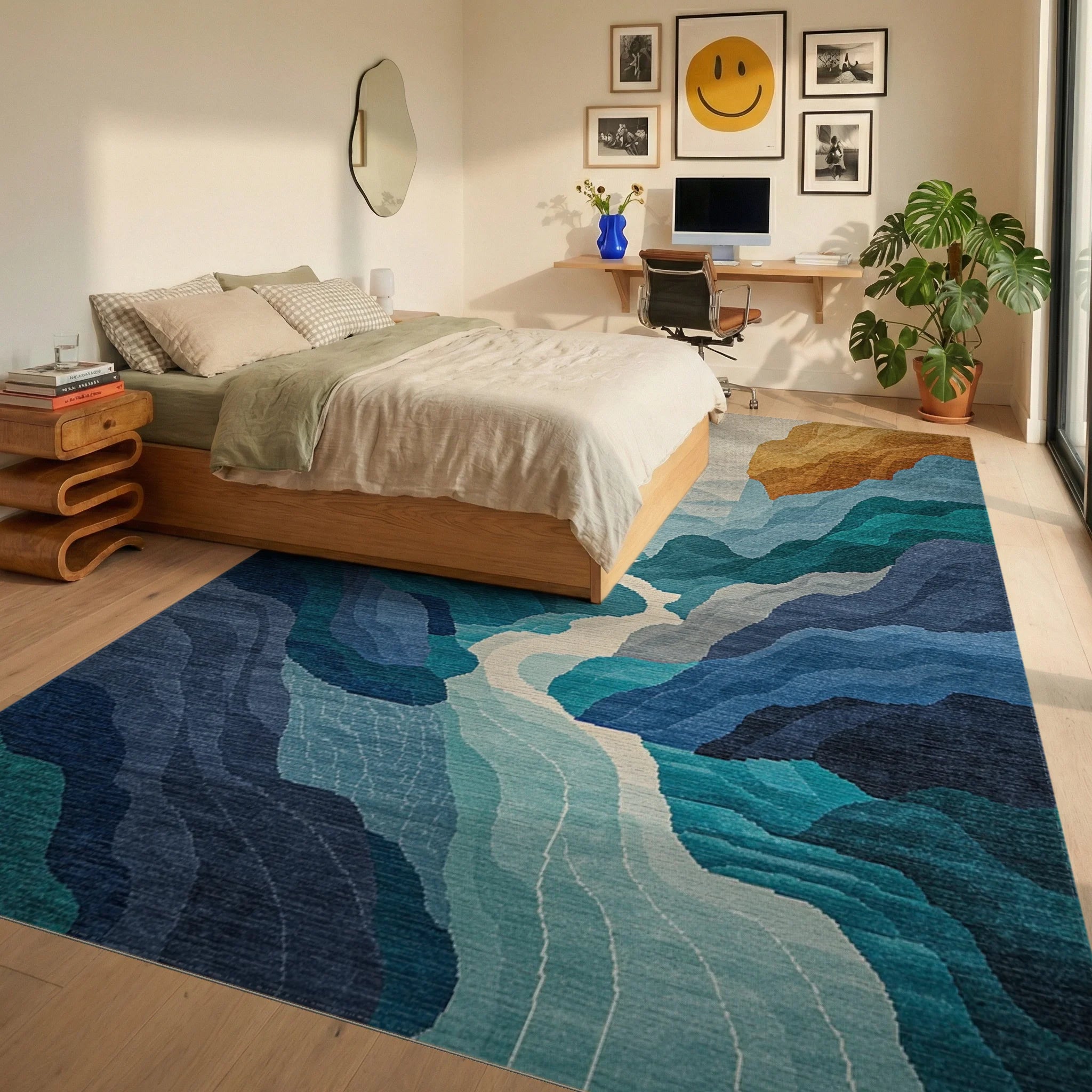 Abstract Blue Mountain River Landscape Rug - Bedroom View