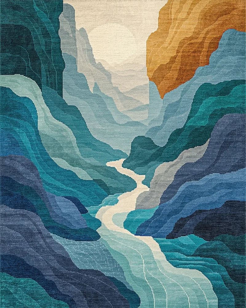 Abstract Blue Mountain River Landscape Rug - Cutout View