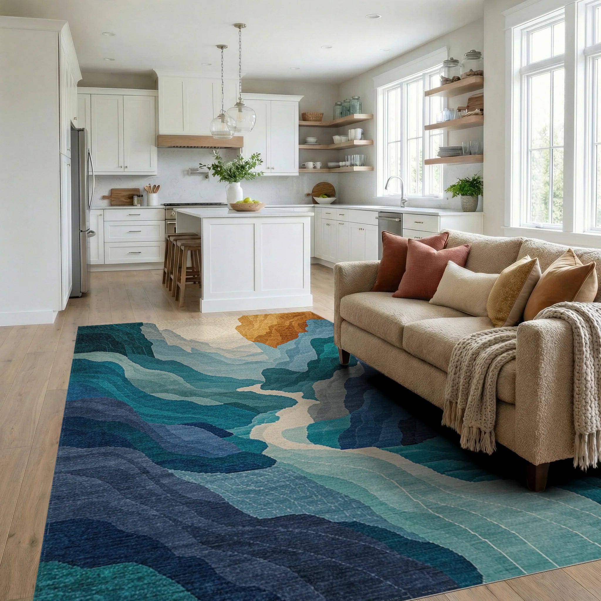 Abstract Blue Mountain River Landscape Rug - Living Room View