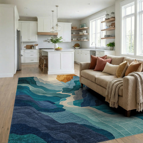 Abstract Blue Mountain River Landscape Rug - Living Room View
