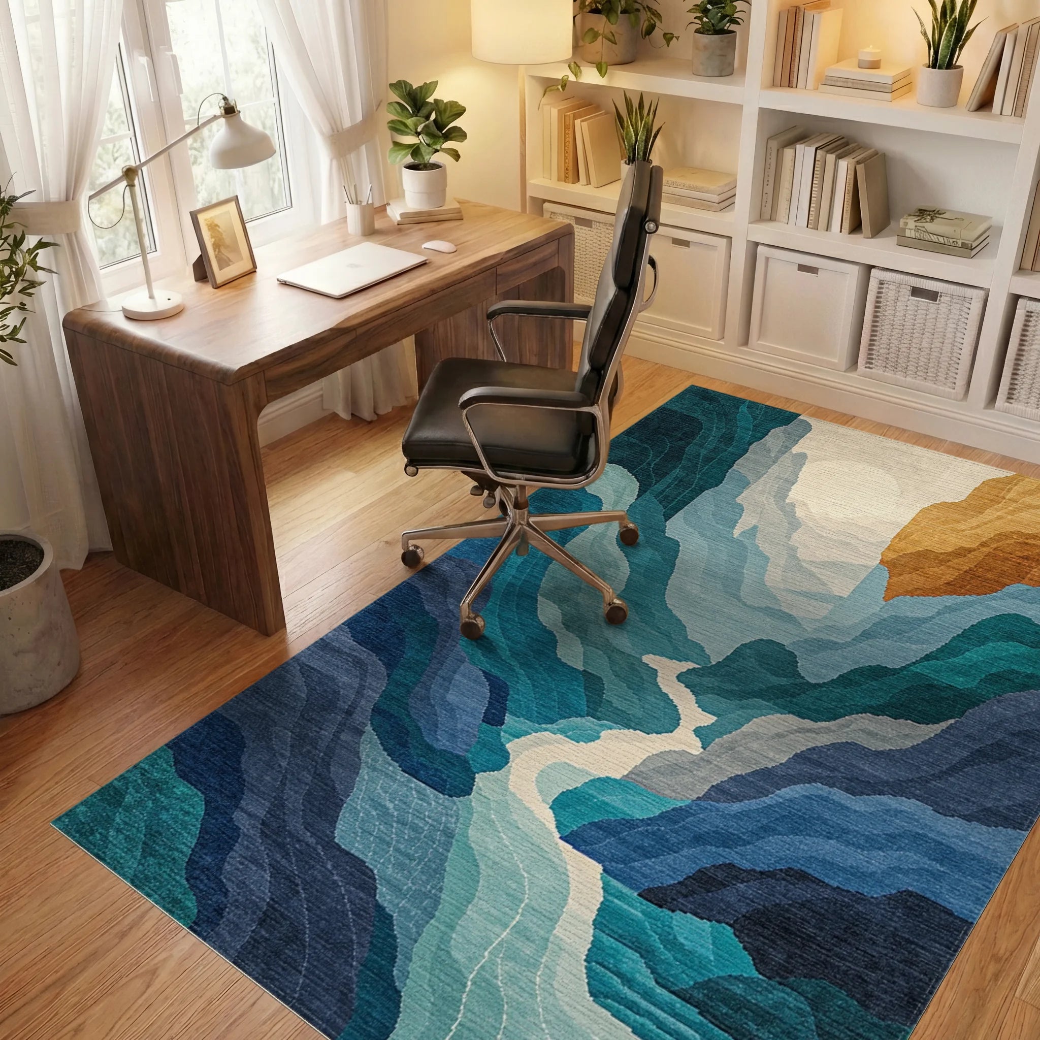 Abstract Blue Mountain River Landscape Rug - Office View